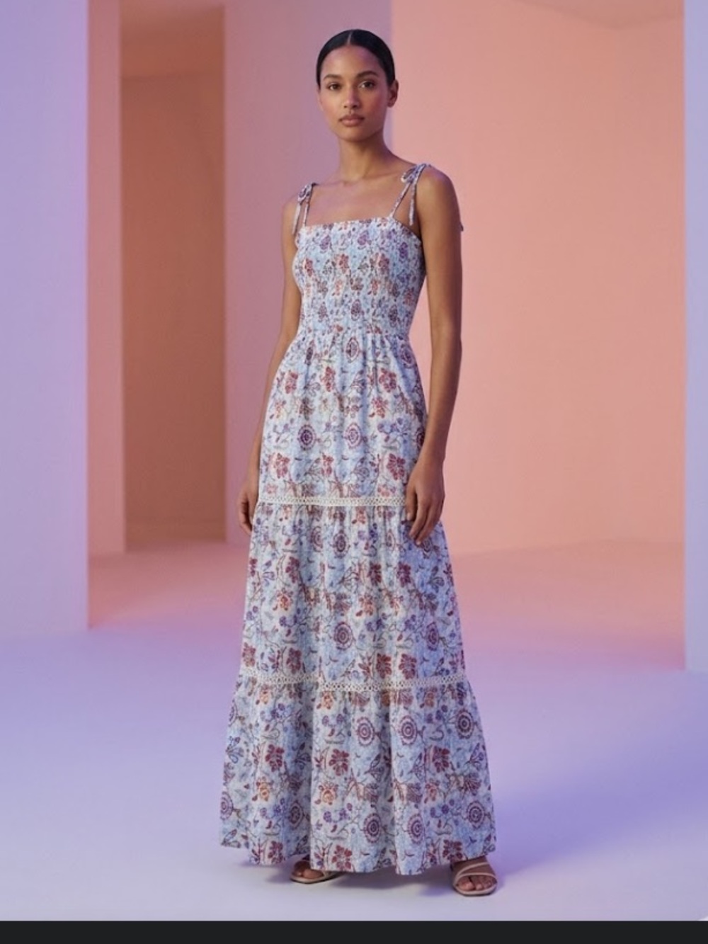 Roller Rabbit Blue Floral Tie-Shoulder Maxi Dress